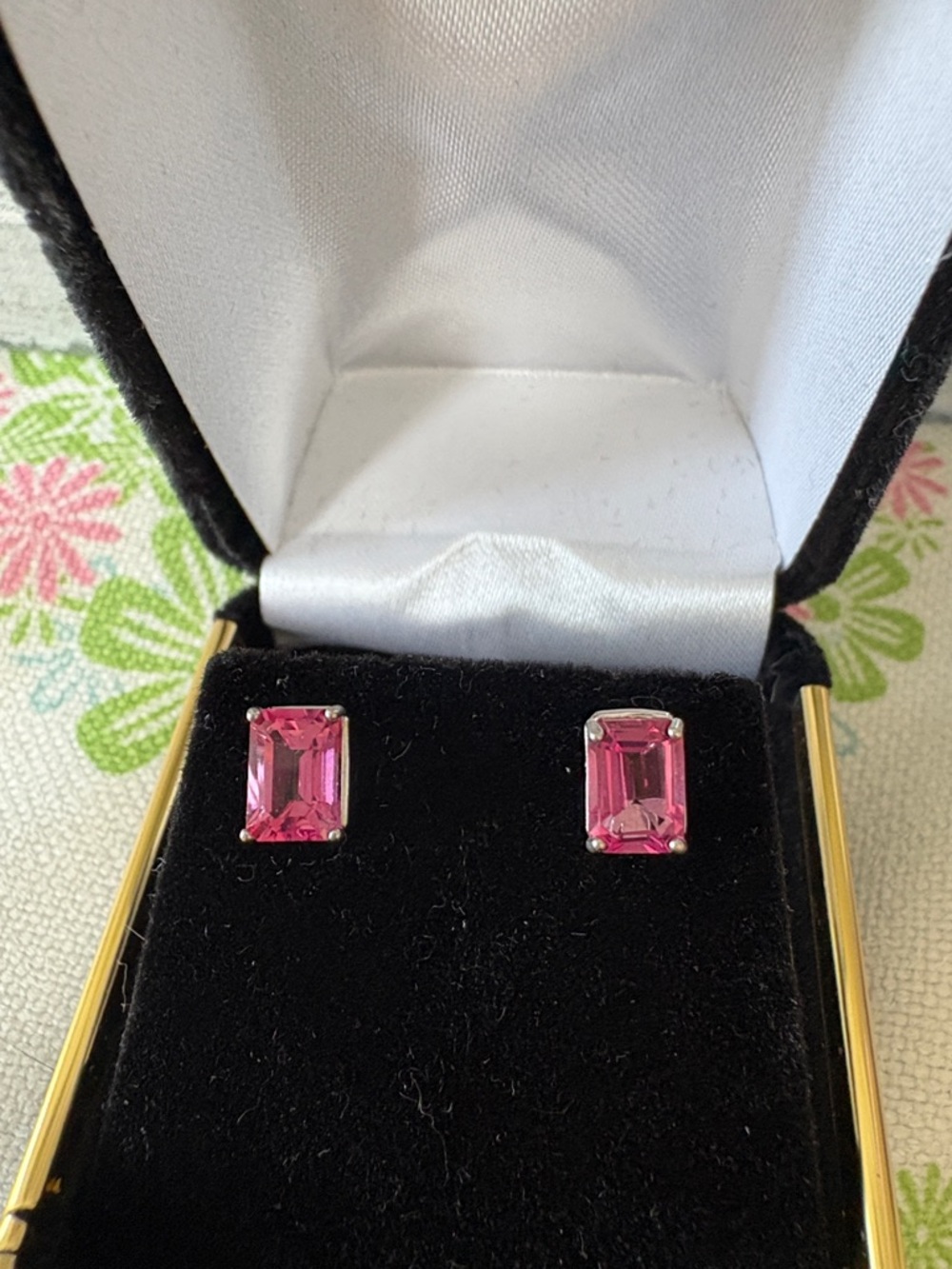 10kt White Gold Emerald-Cut 2.40ctw Pink Topaz Stud Earrings